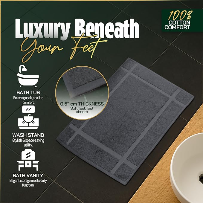 Pearl Linens 100% Ring Spun Cotton Bath Mat (Pack of 6) 20 x 30 Inch, Washable, Soft & Absorbent Terry Bathroom Floor Mat – Not Bathroom Rugs – Quick-Dry After Shower Bath Mat, 687 GSM, Dark Grey