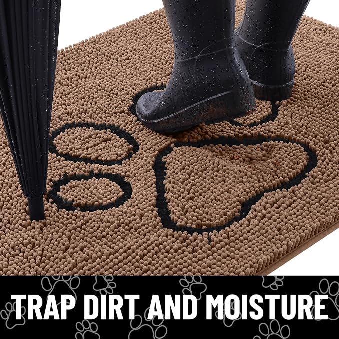 Smiry Dog Door Mat for Muddy Paws, Absorbent Dirt Trapper Non Slip Quick Dry Washable Chenille Mat for Mud Dogs, Entry Rug for Indoor and Outdoor (47x32 Inches, Coffee and Black)