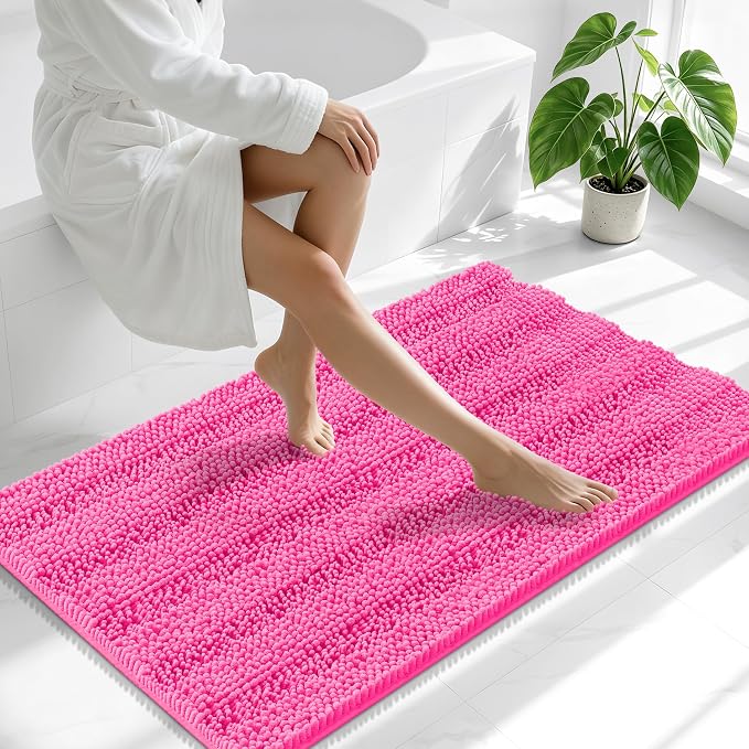 Smiry Thick Chenille Bathroom Runner Rugs 44x24, Extra Absorbent Striped Bath Mat, Machine Washable, Rubber Backing, Long Bath Rugs for Bathroom, Tub & Shower, Home Decor Accessories, Hot Pink