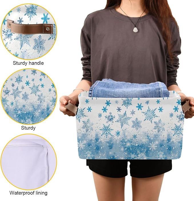 Winter Snowflake Blue Storage Basket with Waterproof Liner and PU Handles White Christmas Holiday Xmas Storage Boxes 14.2" Collapsible Decorative Organizer Baskets for Bedroom Closet Office 2 Pack
