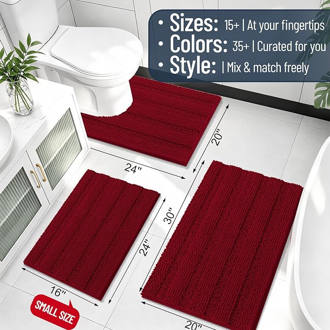 Smiry Thick Small Chenille Bathroom Rugs 24x16, Extra Soft Absorbent Striped Bath Mat, Machine Washable, Rubber Backing, Bath Rugs for Bathroom, Tub & Shower, Modern Home Decor Accessories, Red