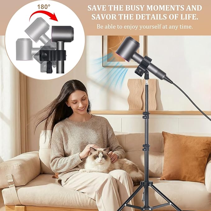 Hands Free Hair Dryer Stand with Tripod, 23.6-47.2 Inch Adjustable Height, 180° Rotating Universal Clip, Foldable Metal Blow Dryer Holder for Bathroom Vanity Makeup Room Home Styling & Pet Grooming, Fits Most Hair Dryers