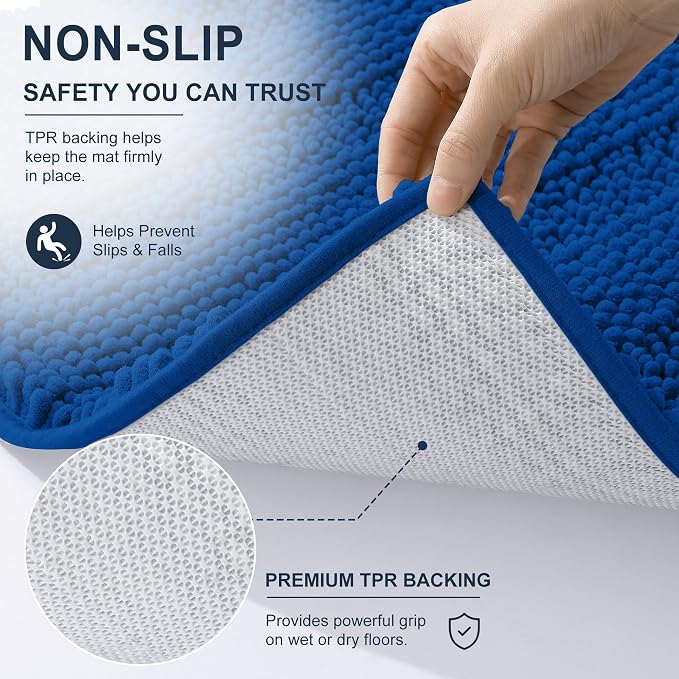 Smiry Thick Small Chenille Bathroom Rugs 24x16, Extra Absorbent Striped Bath Mat, Machine Washable, Rubber Backing, Bath Rugs for Bathroom, Tub & Shower, Home Decor Accessories, Deep Navy Blue