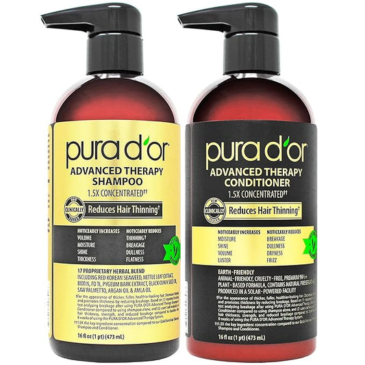 PURA D'OR Advanced Therapy Biotin Shampoo & Conditioner Hair Care Set For Hair Thinning, CLINICALLY TESTED Effective Results, Herbal Hair Thickening Products For Women & Men, 16oz x2