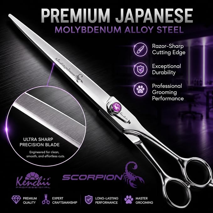 Kenchii Scorpion Dog Grooming Scissors, 9 Inch Straight Shears, Dog Scissors for Grooming, Professional Pet Grooming Scissors, Heavy Duty, Durable and Sharp