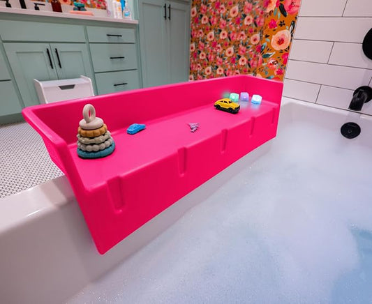 Tub Topper Kids Bathtub Splash Guard, Shelf & Toddler Bath Toy Tray - Pink | Toddler Bath Tray & Ledge Organizer, Strong Suction Cups, Patented Lip Design, Kids Bathroom Accessory Storage, Made in USA