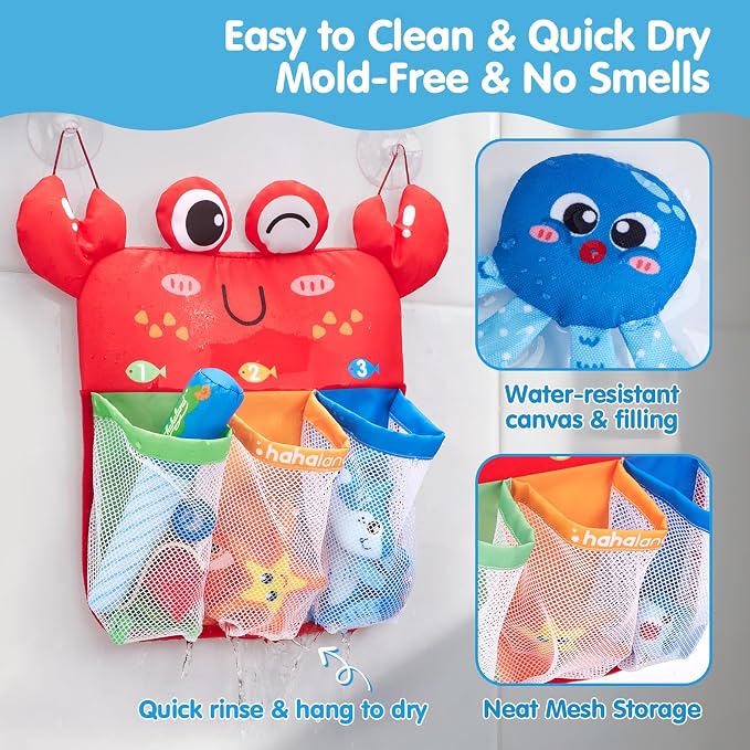 hahaland Bath Toys for Kids Ages 1-3 - Soft Magnetic Fishing Toys with Color Sorting Mesh, Mold Free Bathtub Shower Water Toy Toddler Educational Learning Shower Pool Toy for 1 Year Old Boy Girl Gifts