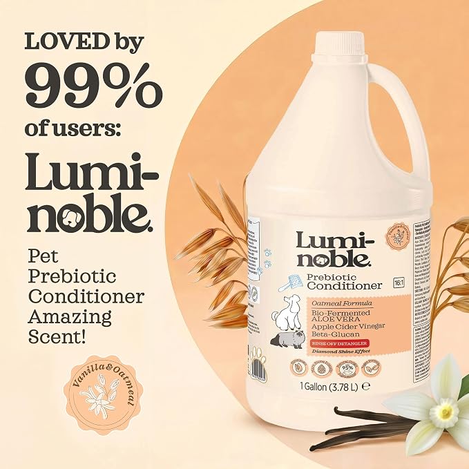Lumi-Noble Vegan Prebiotic Cat & Dog Conditioner Detangler- Hypoallergenic Puppy & Dog Conditioner with Oatmeal & Vanilla Formula– Detangling & Moisturizing for Sensitive Skin – Gallon Size