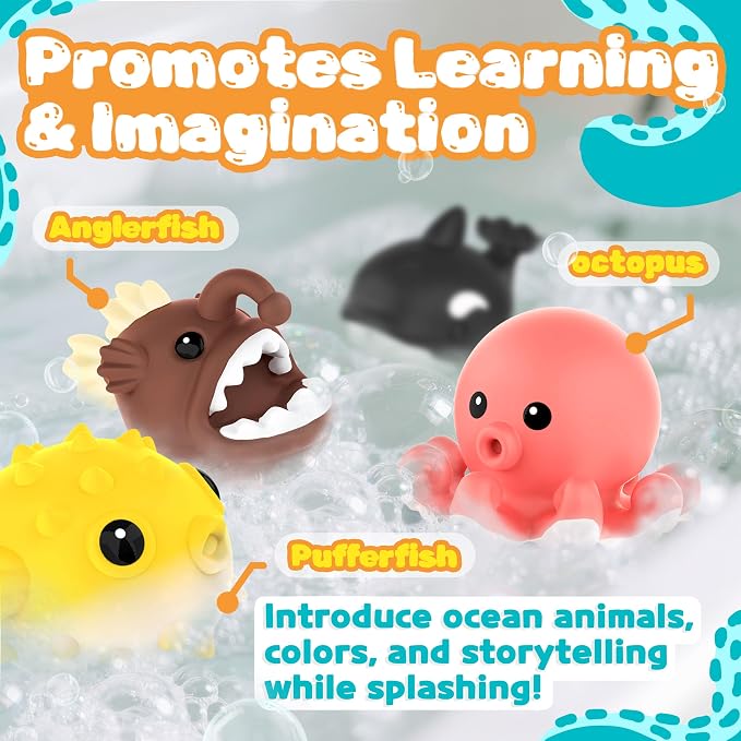 Zippytots 8 PCS Ocean Animal Bath Toys Mold Free Infant Bath Tub Toys for 12 Months - No Hole Bathtub Toys for Toddlers 1-3 Water Pool Toys for Baby Toddler Ages 1+