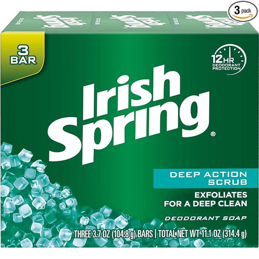 Irish Spring Deep Action Scrub Deodorant Soap by, 3 Count, Fresh, 11.1 Oz (Packaging may Vary)