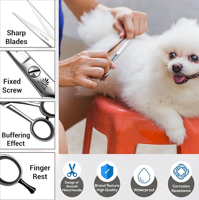 ARSUK Dog Grooming Shears 7-Inch Professional Japanese Stainless Steel Pet Grooming Scissors for Pets, Sharp Dog Hair Scissors with Fix Screw, Ergonomic Handle & Comfort Grip, Mirror Finish