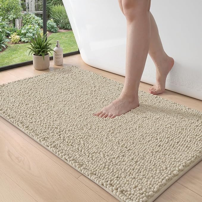 DEXI Bathroom Rugs 43x24, Super Soft Thick Chenille Absorbent Bath Mat, Non Slip Machine Washable Fluffy Shag Bathmat for Tub, Shower Floor, Beige
