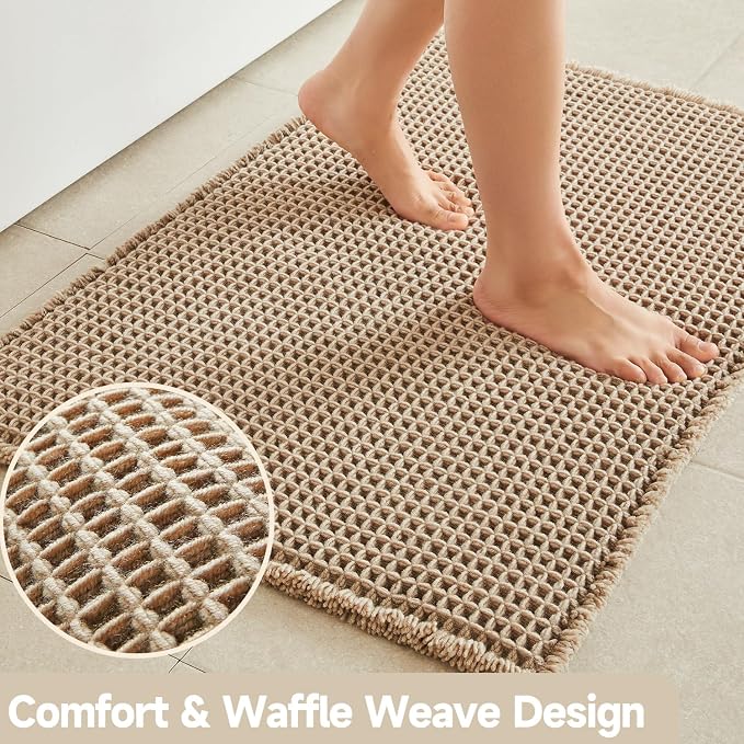 TYUU Waffle Runner Rug Bathroom, Long Boho Bathroom Rugs Non Slip Washable Super Absorbent Quick Dry Farmhouse Bath Decor, 60"x24" Beige