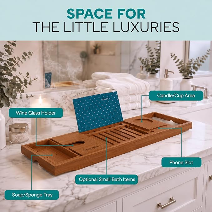 SereneLife Premium Bathtub Tray Caddy with Gift Box and Bow Set, Expandable Bath Tray, Unique House Warming Gifts for Mom, Women, Wedding, Anniversary, Bridal Shower, Fit for All Tub - Brown, Gift Set