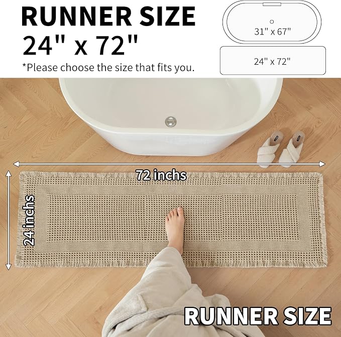 Waffle Bath Mat - Super Water Absorbing Bath Mat Quick Dry, Bathroom Rugs Non Slip Washable with Tassels, Rubber Backed Bathroom Mat for Bathroom Floor, Tub and Shower, 24" x 72", Brown