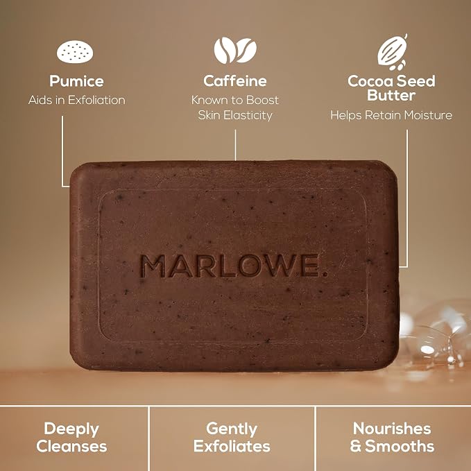 MARLOWE. Coffee Bar Soap, Exfoliating Body Scrub for Men, 7 oz (3 Bars) | Energizing Coffee Bar exfoliates and refreshes for smooth, clean, refreshed skin. Fresh Brewed scent.