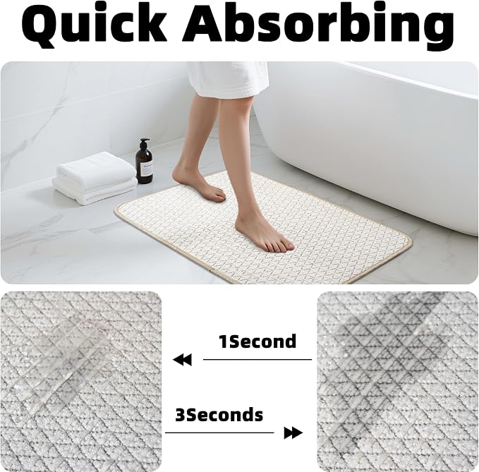 Non Slip Bathroom Rugs with Rubber Backing Super Absorbent Quick Dry Bath Mat Soft Braided Ultra Thin Shower Mat Fit Under Door Floor Bathtub, Easy Care, Machine Washable, 17"x 32", White