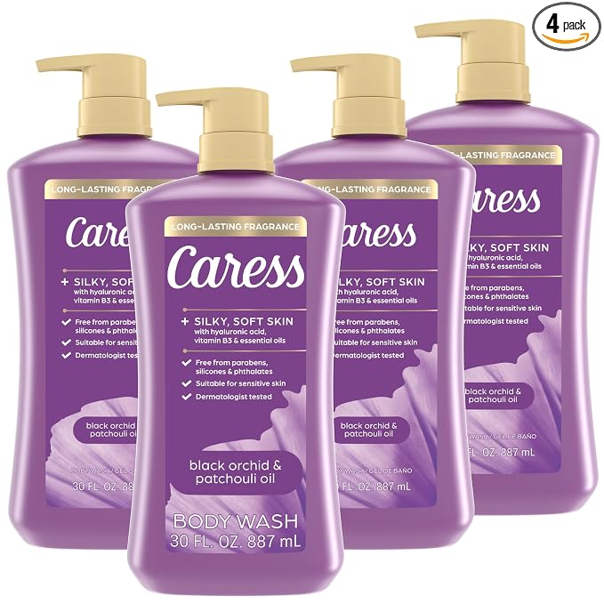 Caress Black Orchid & Patchouli Oil Body Wash with Pump, Hyaluronic Acid & Vitamin B3 for Moisturized, Silky Soft Skin, Long-Lasting Exotic Fragrance, 30 fl oz (4 Pack)