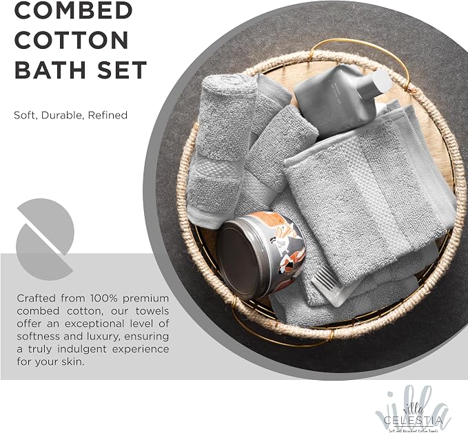 10-Piece 100% Cotton Towel Set, 2 Bath Towels, 4 Hand Towels, 4 Wash Cloth, Quick-Dry, Silver
