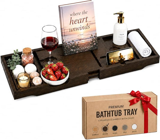 Bambüsi Bathtub Tray for Tub - Brown Bamboo Bath Tray, Expandable Wooden Bath Caddy Tray with Wine Holder, Book and Tablet Stand, Bathroom Accessories, Tub Table, Spa Bath Gifts for Women and Couples