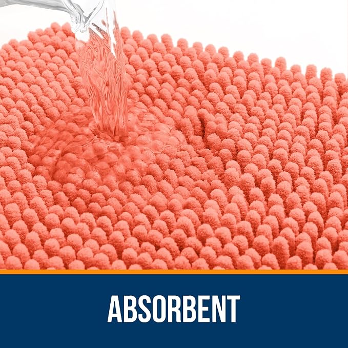 OLANLY Bathroom Rugs 34x21, Extra Soft Absorbent Chenille Bath Rugs, Rubber Backing Quick Dry, Machine Washable Bath Mats for Bathroom Floor, Tub and Shower, Home Decor Accessories, Coral