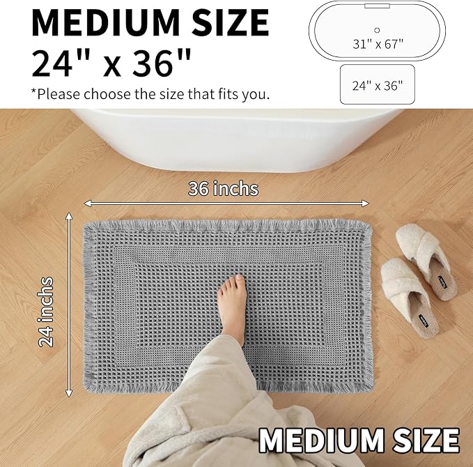 Waffle Bath Mat - Super Water Absorbing Bath Mat Quick Dry, Bathroom Rugs Non Slip Washable with Tassels, Rubber Backed Bathroom Mat for Bathroom Floor, Tub and Shower, 24" x 36", Light Grey