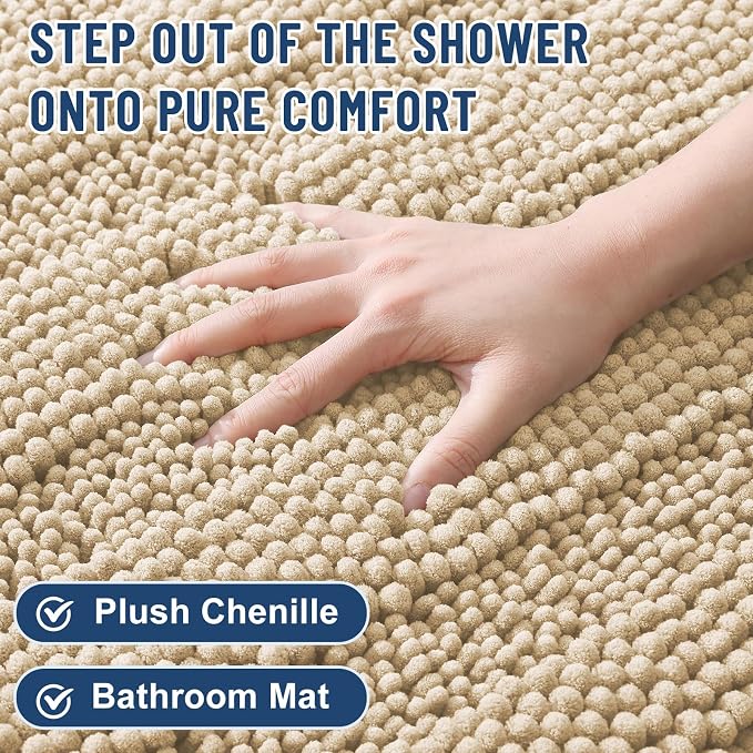 Grandaily Chenille Striped Bathroom Rugs 44x24, Extra Thick and Soft Absorbent Bath Mats, Rubber Backing, Plush Shaggy Shower Carpet, Machine Wash Dry, Bath Rug for Bathroom, Light Beige