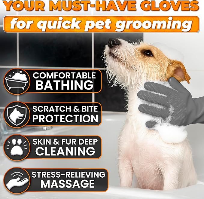 Cat and Dog Shampoo Gloves with 3000 Soft Bristles – 2-in-1 Dog Bath Gloves 11.6", Durable Silicone, Saves Shampoo | Massage, Grooming & Clean Wet or Dry – Made for Every Breed and Coat Style (Grey)