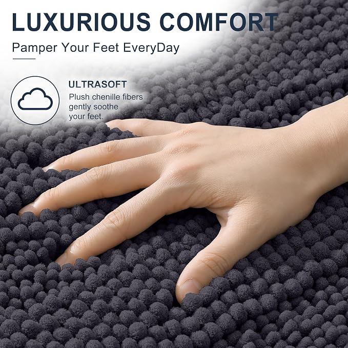 Smiry Thick Chenille Bathroom Runner Rugs 47x24, Extra Absorbent Striped Bath Mat, Machine Washable, Rubber Backing, Long Bath Rugs for Tub & Shower, Modern Home Decor Accessories, Dark Grey