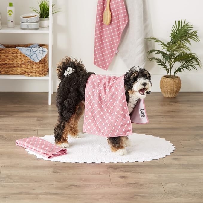 Bone Dry Pet Grooming Towel Collection Trellis Print, Microfiber Absorbent Drying Set, 15x30, Rose, 3 Count