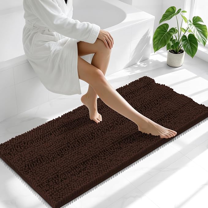 Smiry Thick Chenille Bathroom Runner Rugs 47x20, Extra Absorbent Striped Bath Mat, Machine Washable, Rubber Backing, Long Bath Rugs for Tub & Shower, Modern Home Decor Accessories, Brown