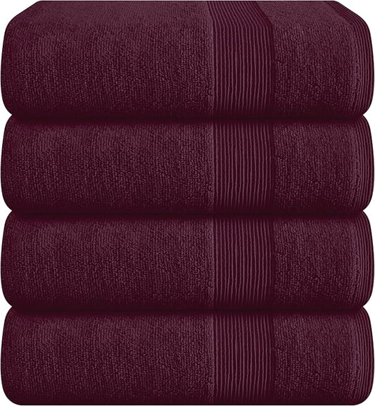 Belizzi Home 4 Pack Bath Towel Set 27x54, 100% Ring Spun Cotton, Ultra Soft Highly Absorbent Machine Washable Hotel Spa Quality Bath Towels for Bathroom, 4 Bath Towels - Burgundy