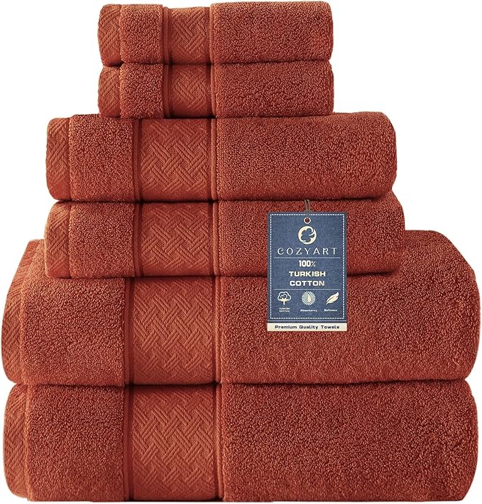 COZYART Burnt Orange Bath Towel Set 6 Piece, 100% Zero Twist Ring Spun Turkish Cotton 650GSM, Ultra Soft Absorbent Fast Dry Hotel Quality Bathroom Towels