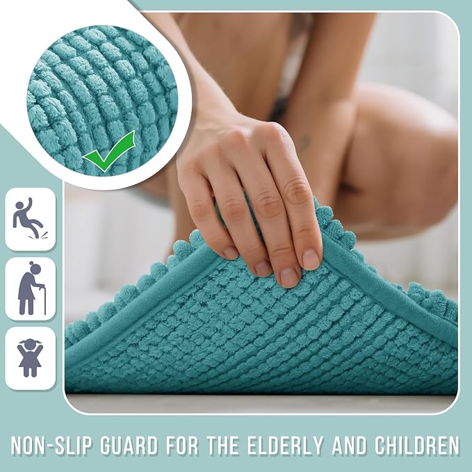 Yimobra Bathroom Rug Mat 47 x 24, Non Slip and Super Absorbent Bath Mat,Machine Washable Quick Dry,Ultra Plush Chenille Shower Rugs for Bathroom Floor Sink Tub and Shower Outside,Teal Blue