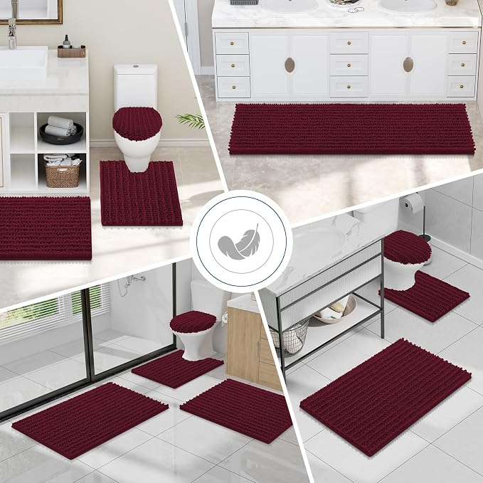Smiry Bathroom Toilet Rugs U Shaped 24x24, Extra Soft Absorbent Non Slip Rubber Backing Chenille Contour Bath Rugs for Toilet, Machine Washable Contoured Bath Mats, Burgundy
