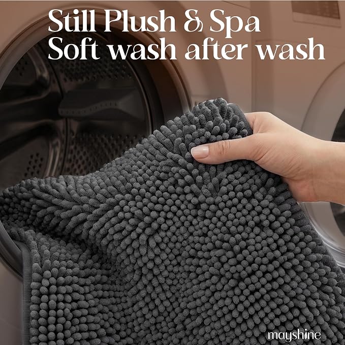 MAYSHINE Small Plush Shaggy Chenille Bath Mat 23"x14" Extra Soft, Super Absorbent, Non-Slip Bathroom Rug | Fluffy Microfiber, Area Rug Sets for Bathroom Floor, Kitchen, Living Room |Charcoal Gray