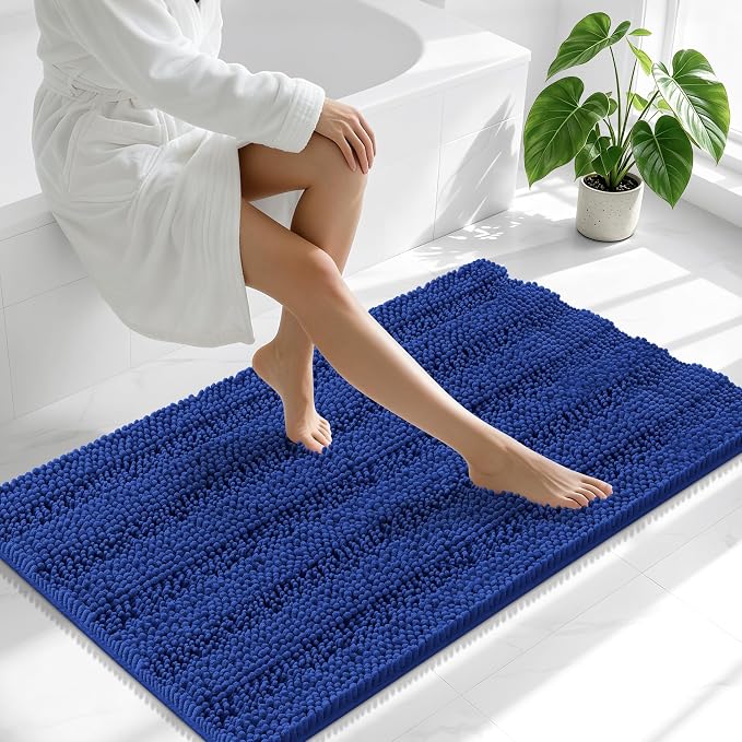 Smiry Thick Chenille Bathroom Runner Rugs 44x24, Extra Absorbent Striped Bath Mat, Machine Washable, Rubber Backing, Long Bath Rugs for Bathroom, Tub & Shower, Home Decor Accessories, Royal Blue