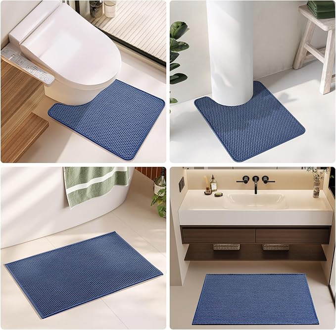 TYUU Bathroom Rugs Non Slip Washable, Super Absorbent Thin Bath Mat Quick Dry Low Pile Bathroom Rug, Navy Blue 20"x48"