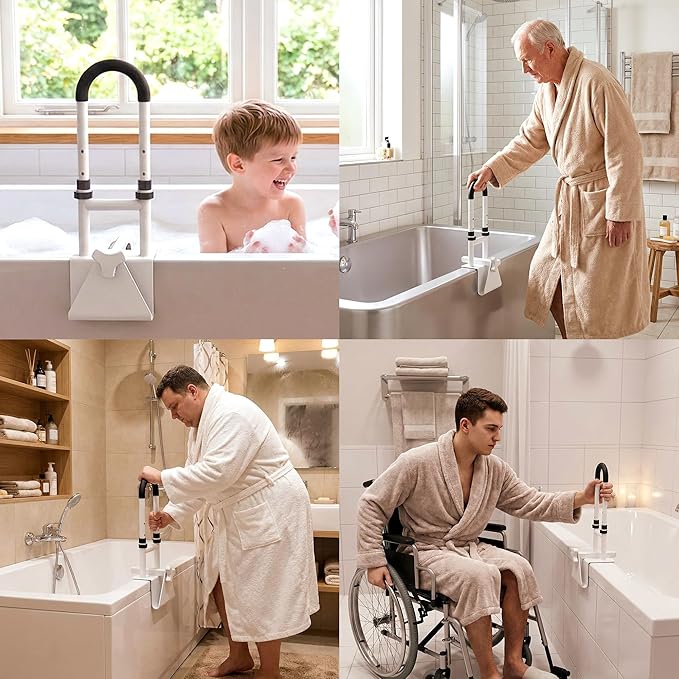 Adjustable Bathtub Safety Bar,Bathroom Grab Bar for Elderly&Seniors,Fall Prevention Assist Handle with Tool-Free Stallation,Knob-Clamp Design,250lbs Capacity,White