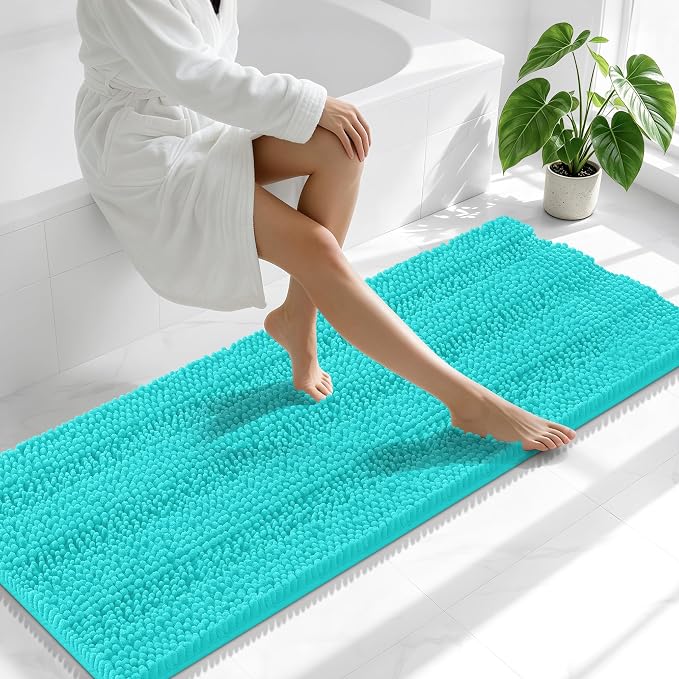 Smiry Thick Chenille Bathroom Runner Rugs 59x20, Absorbent Striped Bath Mat, Machine Washable, Rubber Backing, Extra Long Bath Rugs for Tub & Shower, Modern Home Decor Accessories, Teal