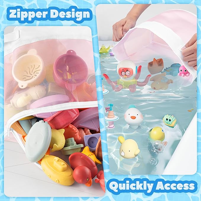 UNEEDE Bath Toy Organizer,1.55 Gallons Bathtub Toy Storage Organizer,Quick Access Bath Toy Holder for Bathtub,Baby Organizer and Storage,Quick Dry Baby Toy Storage for Tub,Mesh Shower Caddy(Pink)