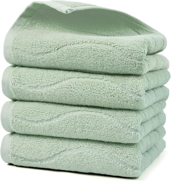 Jacquotha Hand Towels 4 Pack - Sage Green Wavy Striped Hand Towels for Bathroom, 100% Natural Cotton Soft Absorbent Decorative, 13x29 Inches