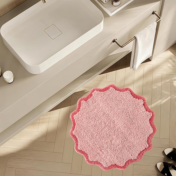 ORTIGIA Cute Pink Scalloped Bath Mat, Quick Dry Bath Rug Absorbent Soft Plush Microfiber Bathmat for Bathroom Floor Carpet for Sink Bedroom, 24x24