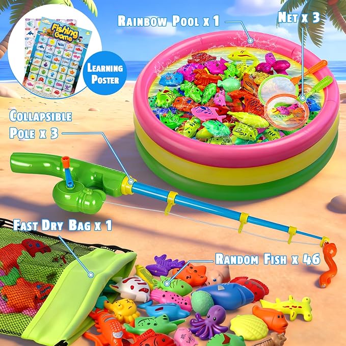 CozyBomB™ Magnetic Fishing Toys Game Set for Kids | Water Table Bathtub Kiddie Pool Party Pole Rod Net, Outdoor Plastic Floating Fish, Toddler Bath Color Ocean Sea Animals Birthday Gift Age 3-5 6 4-8