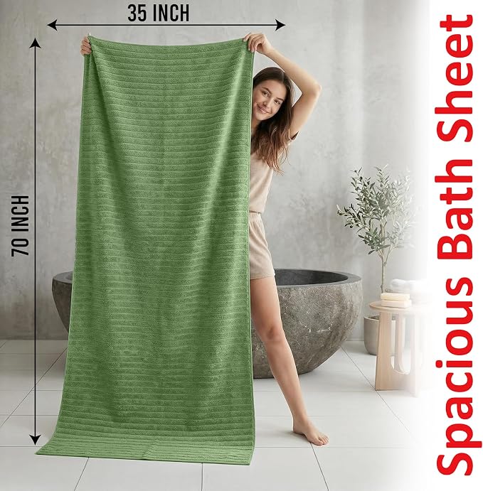RIVERSIDE Pack of 2 Extra Large Bath Sheet Towels, 35 x 70 Inches, 600 GSM, Ribbed Stripe, 100% Cotton - Super Soft, Highly Absorbent & Quick Dry for Bathroom, Spa & Hotel, Sage Green