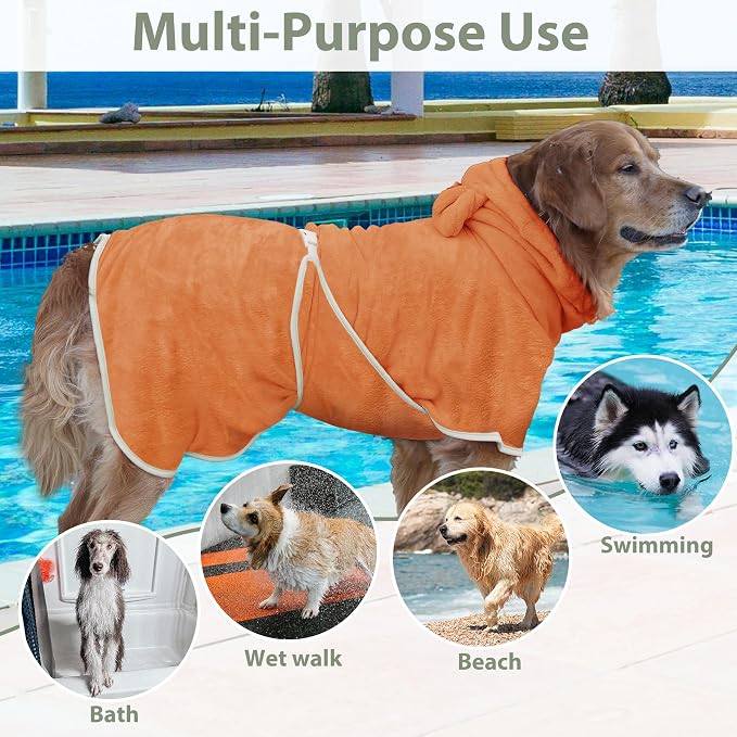 Dog Bathrobe Super Absorbent Towel Robe - Microfiber Bath Towels Fast Drying Coat for Dogs, Cute Dogs Clothes Adjustable Collar & Belly Strap Warm Keeping Hooded Dog Towel (Orange, X-Large)