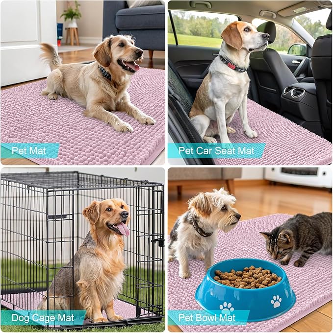 OLANLY Dog Door Mat for Muddy Paws 35x24, Absorbs Moisture and Dirt, Absorbent Non-Slip Washable Doormat, Quick Dry Chenille Mud Mat for Dogs, Entry Indoor Entryway Carpet for Inside Floor, Dusty Rose