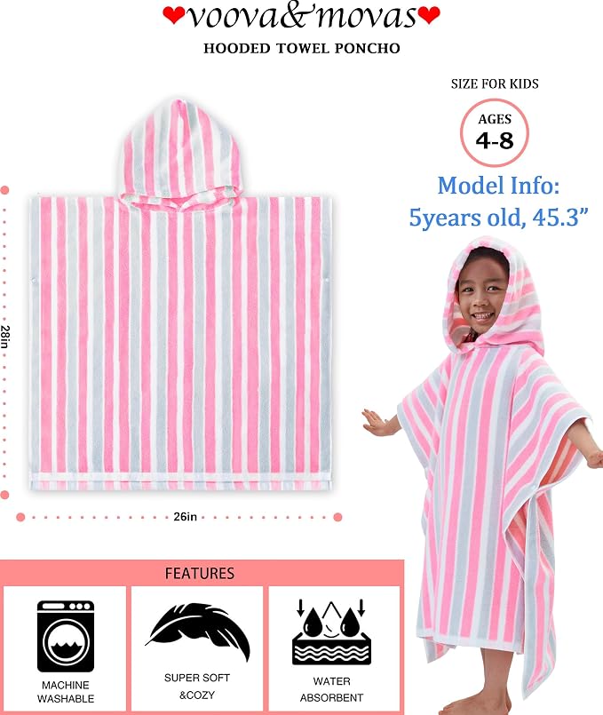 VOOVA & MOVAS Kids Poncho Towels - Soft 100% Cotton (4-8Years), Quick Dry Absorbent Light Weight Hooded Towel for Pool | Swim | Beach | Bath, Pink Gray Stripe