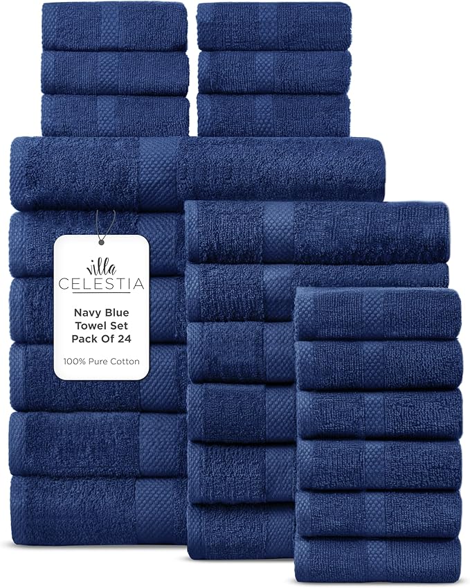 24-Piece 100% Cotton Towel Set, 6 Bath Towels, 6 Hand Towels, 12 Wash Cloth, Quick-Dry, Navy Blue