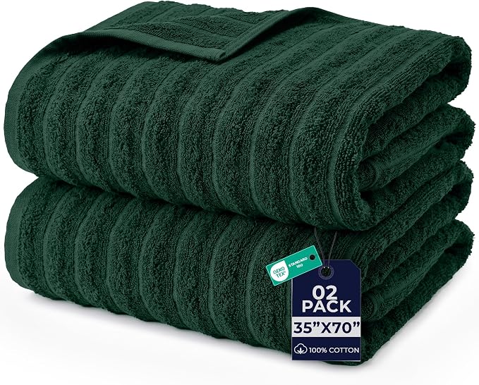 DAN RIVER Pack of 2 Bath Sheet 35x70 Inches, Ribbed Oversized Bath Towels Extra Large, Organic Cotton Towels for Bathroom - Hunter Green